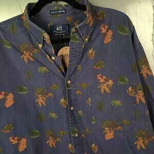 Van Heusen Over Easy Leaf Nature Print Button Down Shirt Large Tall Vintage 90s